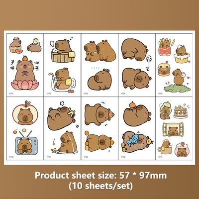 Lot de 10 feuilles d'autocollants de tatouage temporaire Capybara pour enfants, fournitures de fête d'anniversaire Capybara, décorations, faux tatouages, cadeaux de fête