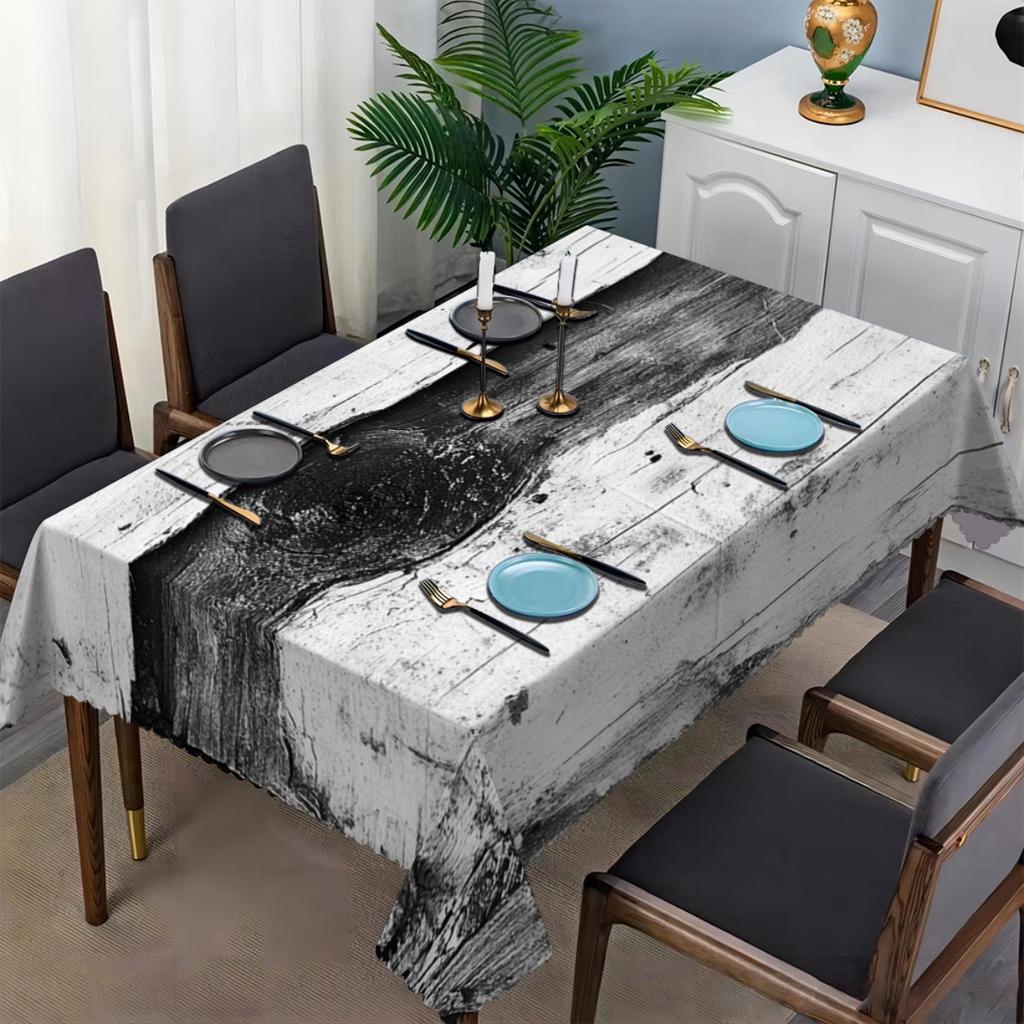 Black White Wood Grain Brush Stroke Print Tablecloth Spill Resistant Wipe Clean Cover For Dining Coffee Kitchen Indoor Decor
