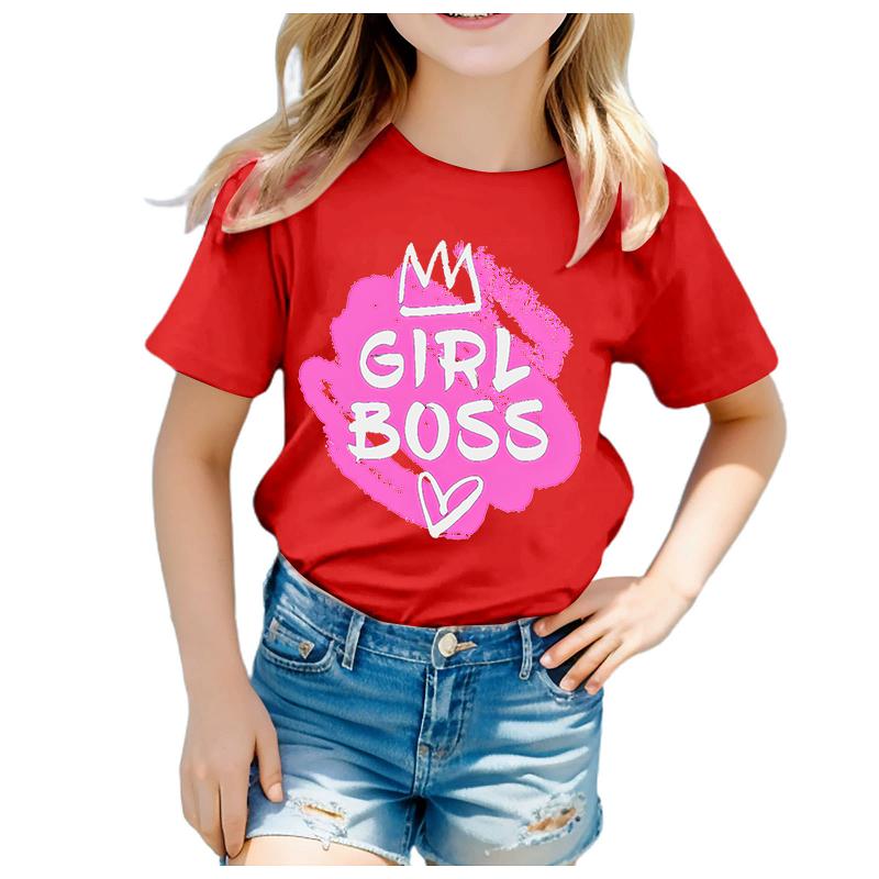 Crown Letter Printed Shortsleeved Roundneck Black White Red and Pink Tshirts for Boys and Girls in Summer Kids Clothes