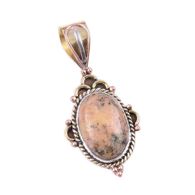 Natural Rhodonite Gemstone 925 Solid Sterling Silver Two Tone Pendant 1.50" G4G96