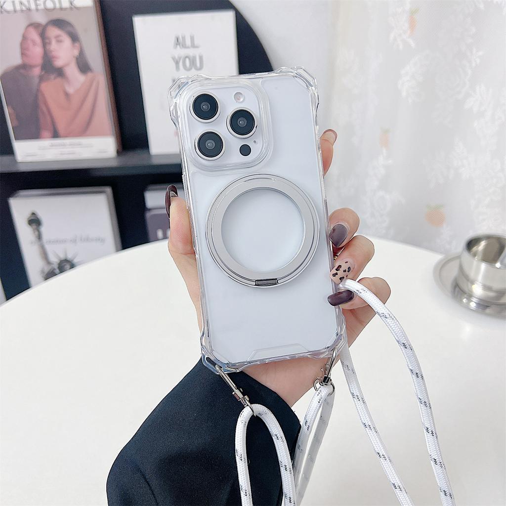 For iPhone 16 Pro Magnetic Case Ring Kickstand TPU+PC Phone Cover with Lanyard