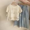 Girls' Summer Korean-Style Lace-Up Crop Top + Lace-Trim Casual Denim Pants Set