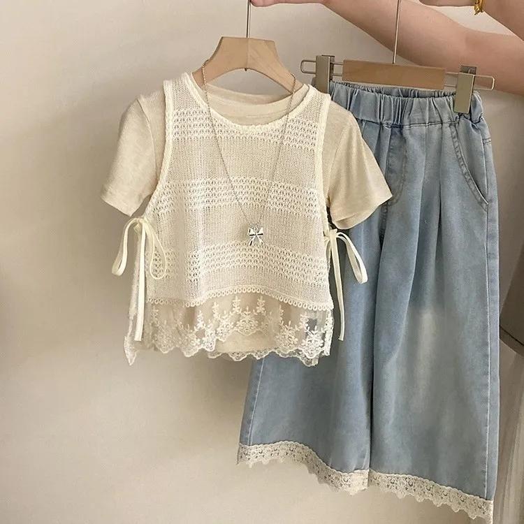 Girls' Summer Korean-Style Lace-Up Crop Top + Lace-Trim Casual Denim Pants Set