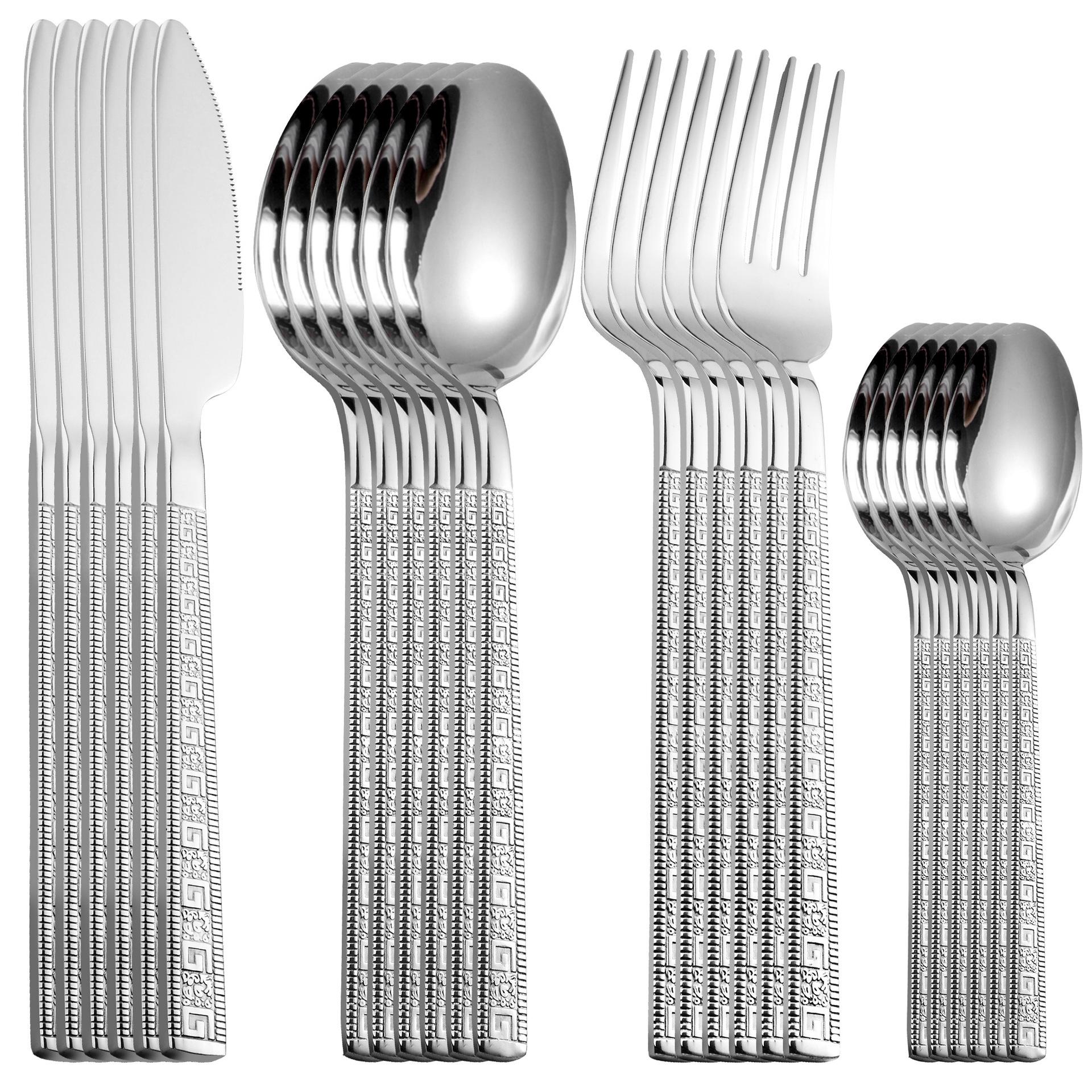 

24 шт. блестящий набор столовых приборов из нержавеющей стали, золотые столовые приборы, ножи, вилки, ложки, можно мыть в посудомоечной машине, креативные ручки, подарок серебряный
