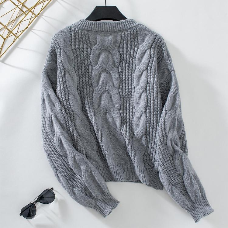 Vintage O Neck Loose Long Sleeve Sweater Cardigan Top Solid Color Knitwear Autumn Winter