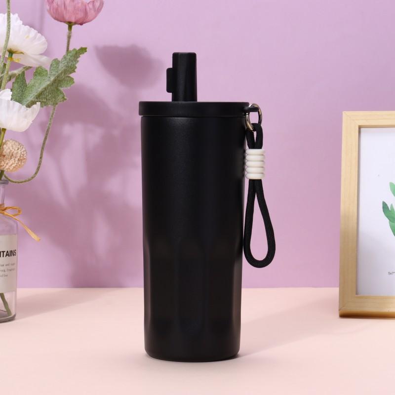 Stainless Steel Vacuum Insulated Tumbler With Straw Lid Carry Rope 600ml Portable Travel Coffee Cup Office Outdoor