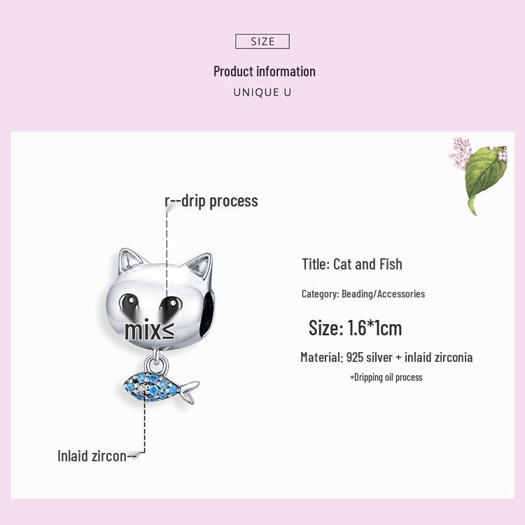 Yinziyun S925 Silver Cat & Fish Beads with Oil Drop Design - Cute DIY Jewelry Accessories (BSC226)