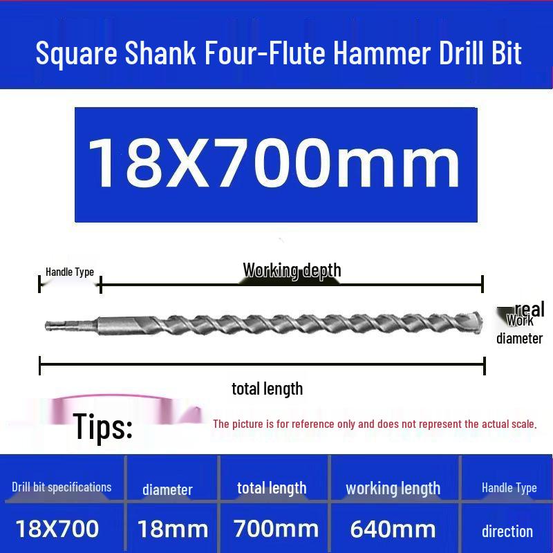 Extended Electric Hammer Drill Bit, Square & Round Shank, for Concrete Piercing - Available in 500mm to 2m Lengths