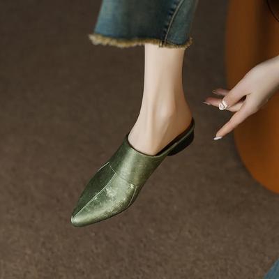 2024 Nowe Wiosna Lato Skórzane Klapki Kapcie Średnio Wysoki Obcas Damskie Buty Kwadratowy Nosek Damskie Szpilki Modne Buty dla Kobiet Damskie Buty