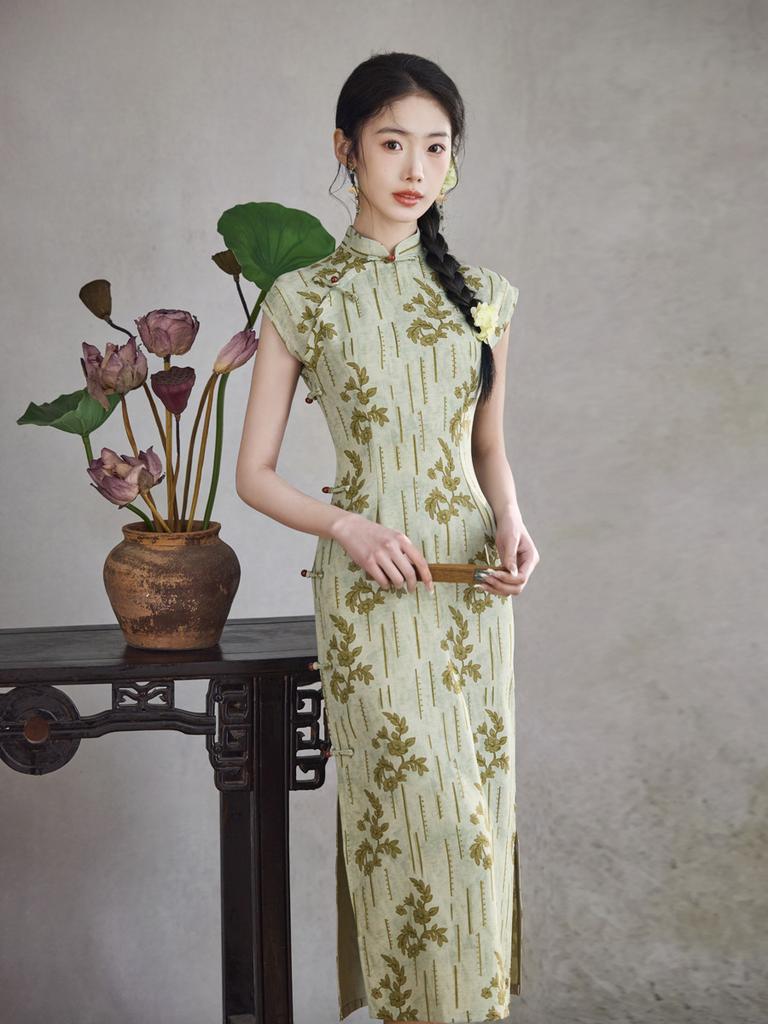 New Chinese style young light green cheongsam green leaf print 1011 summer daily girly dress