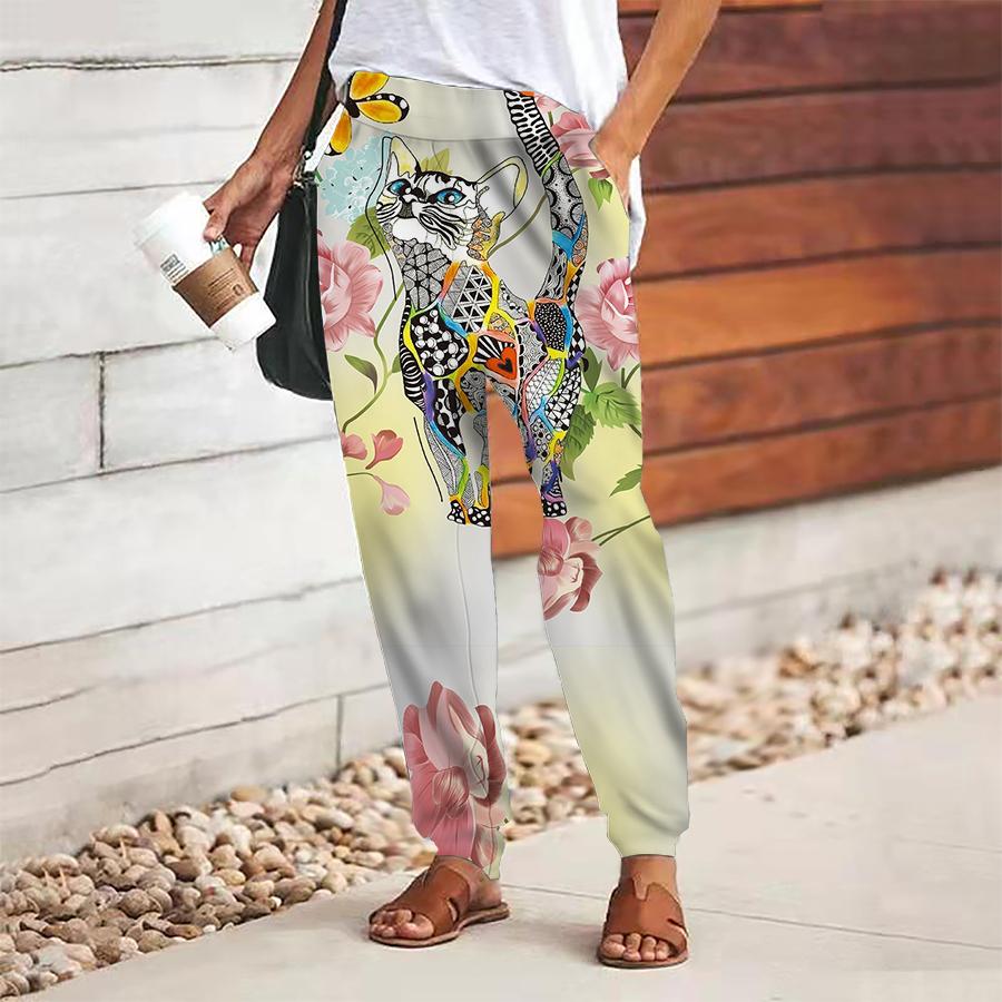 Women Cat Printing Pants Lace Up Elastic Waist Loose  Trousers Casual Long Pants Trousers with Pockets