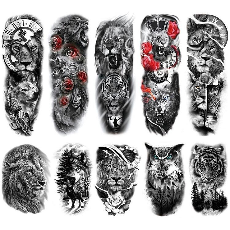 Full Arm Flower Arm Large Pattern Set, Water Transfer Print Black Animal Pattern Lion Owl Simulation Tattoo Sticker