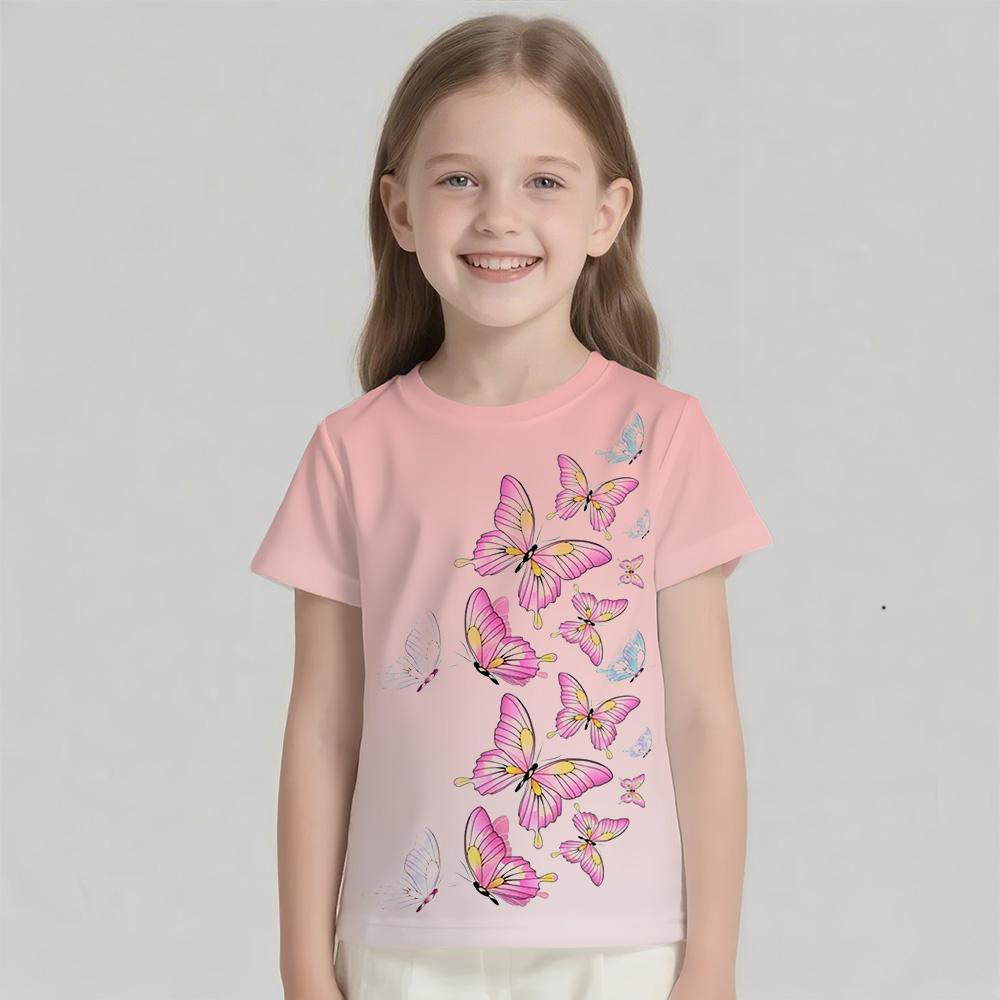 Children's T-shirt Short Sleeved T-shirt Gradient Butterfly Girl's Shirt Top T-shirt Children's T-shirt Round Neck Girl's Shirt