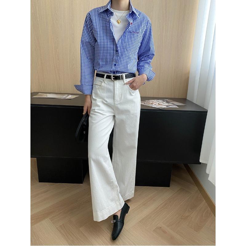 Sinan, Early Autumn New, Intellectual Blue Plaid Embroidered Temperament Casual Shirt Stacked