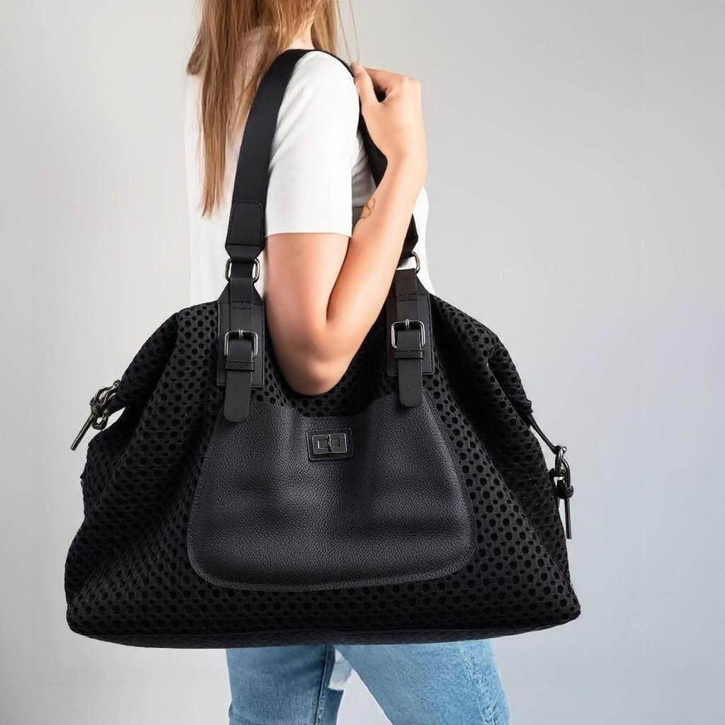 Ladies' Fashion Mesh Travel Tote Bag Large Capacity Splicing Retro Leisure Luggage Shoulder Bag