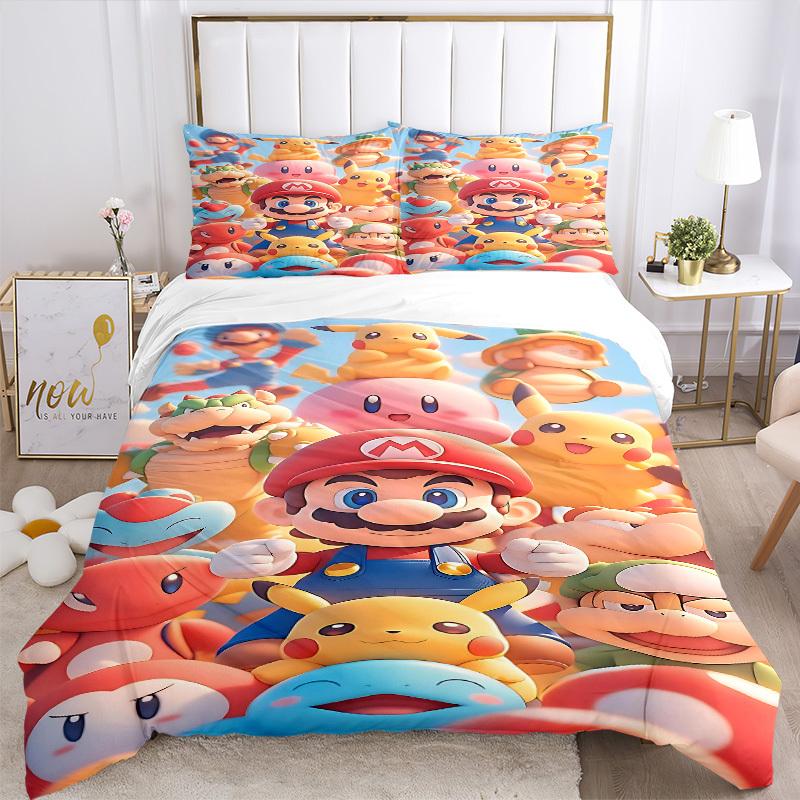 3pc Mario Pikachu Bedding Set Guest Room Bedroom Decor Christmas Halloween Decor Gifts- All Seasons (No Insert)a1013113