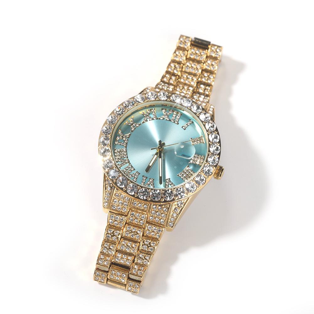 Roman Numerals Diamond-encrusted Men's Watch Trendy Brand Green-faced Large Dial Quartz Watch, One Piece Is Sent On Behalf of Others.