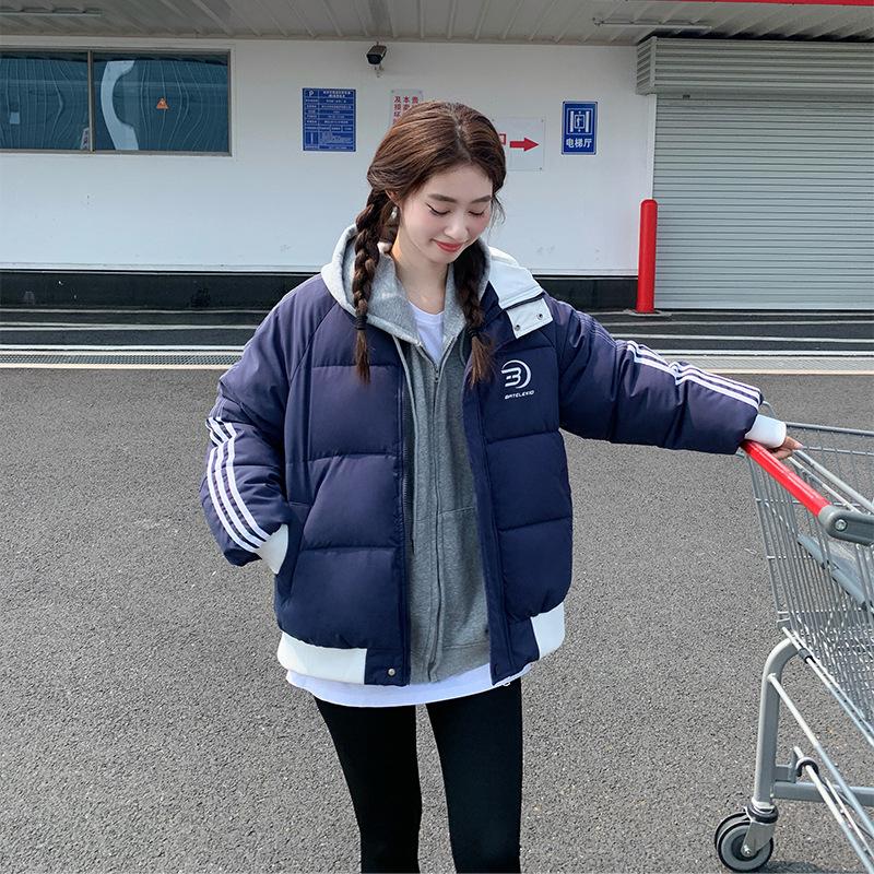 2025 Cotton Jacket Cotton Clothes Women's Winter Couple Collegiate Warm American Loose Sports Stripe Contrast Niche Padded Jacket