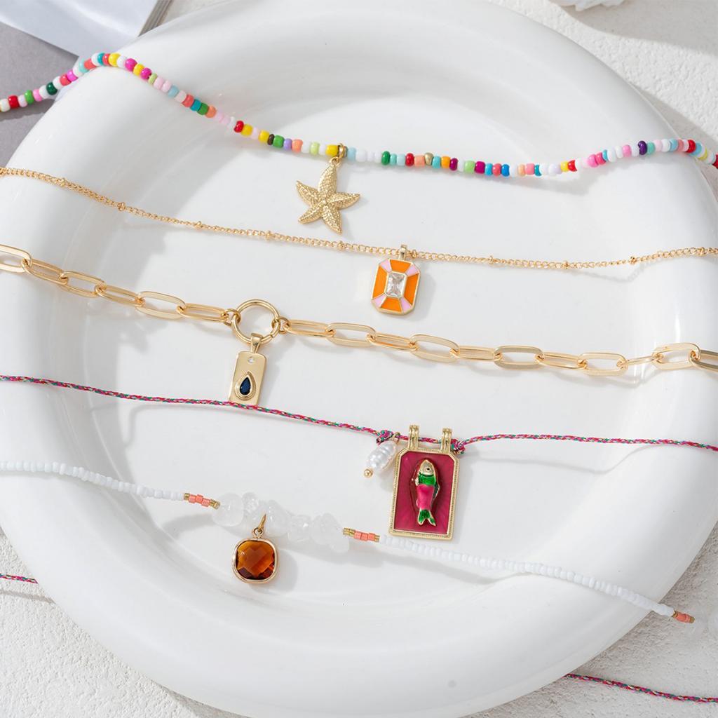 5PCS Multicolor Beach Themed Beaded Necklaces for Women Handwoven Clavicle Chains Vocation Holiday Accessories