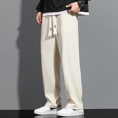 Pánské trendy letní široké kalhoty z ledového hedvábí - Ležérní, jednobarevné, nadměrná velikost, rovné nohavice, sportovní styl