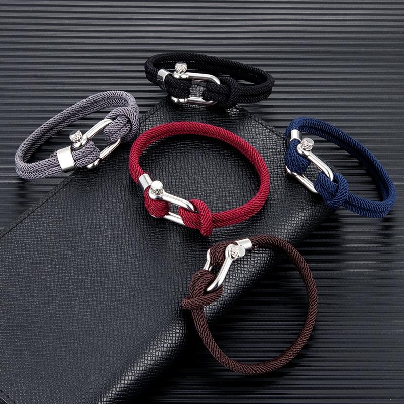 Minimalist Nautical Rope Bracelet Double Strand Stainless Steel U-Shape Shackle Buckle Survival Jewelry for Men Women