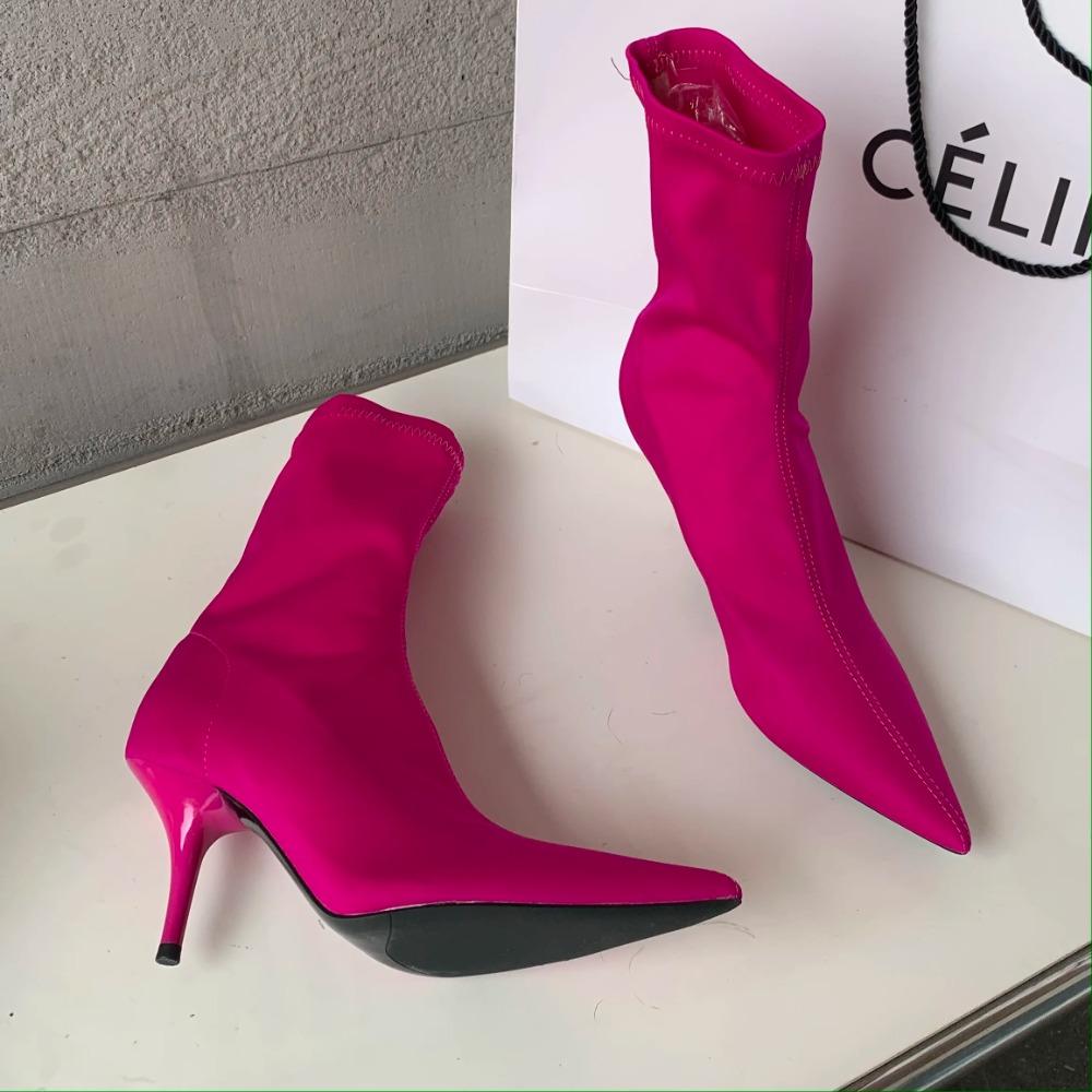 Stivali alla caviglia da donna in tessuto elasticizzato Autunno Primavera Punta appuntita sexy Tacco alto Moda Calzini da donna Scarpe con tacco a spillo