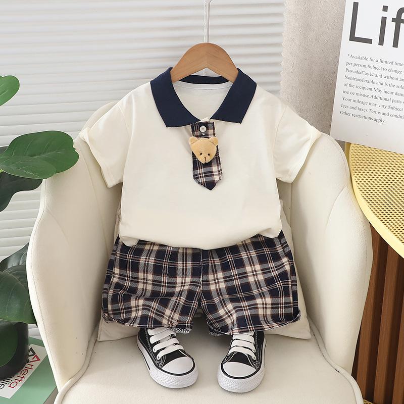 

Летний комплект с коротким рукавом для мальчиков и девочек, в стиле колледжа, летний наряд, детская футболка+шорты, комплект из двух предметов 120 темно-синий