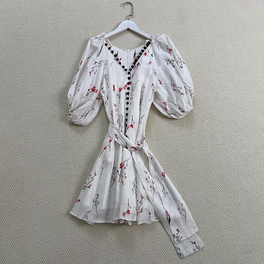 French Retro Floral Tencel Linen V-neck Dress with Puff Sleeves and Lace-up Waist S