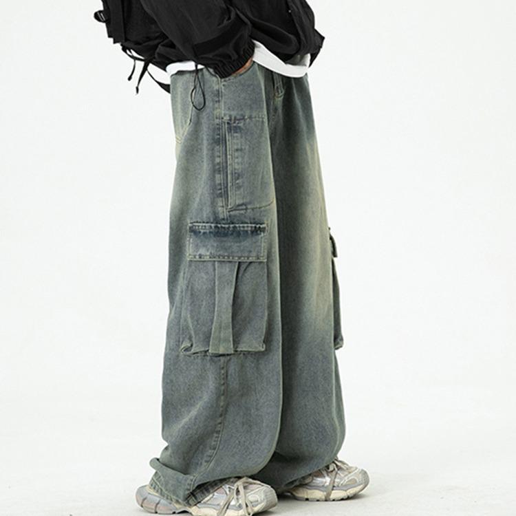 

Men s Distressed Straight-Leg Jeans - Washed, Loose Fit, Autumn/Winter, Retro Streetwear Style. M синий