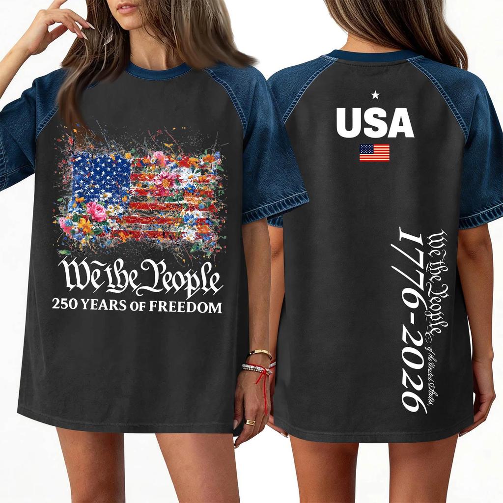 Women's Denim Patchwork Top,  Casual Short-sleeved Comfortable T-shirt,  Fashionable For Spring And Summer.
