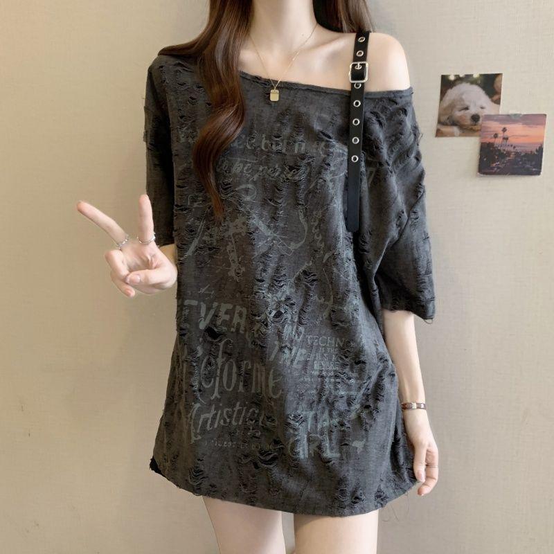 Plus Size Off-the-Shoulder Ripped T-Shirt - Loose and Flattering Summer Top for Women