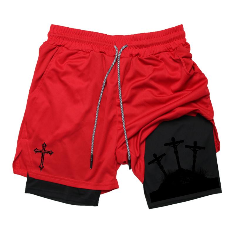 MDHAO xin nan zhuang  3D txu Kruisprint 2-in-1 Trainings- en Hardloopshorts voor Mannen Christelijk Atletisch Ademende Prestatieshorts met Telefoonvakje Handdoeklus XXL