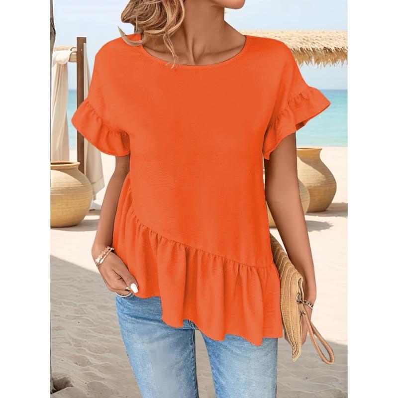 Elegant Solid Color Women's Woven T-Shirts Round Neck Flutter Sleeves & Ruffled Hem T-Shirt Stylish Summer Top