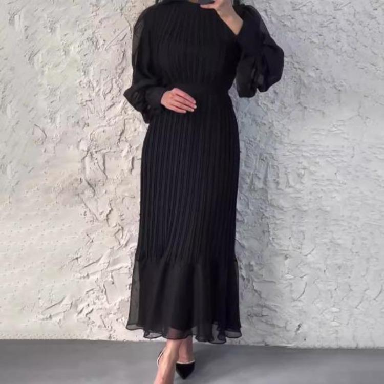 A-Line Evening Dress for Women with Pleated See-through Mesh Lantern Sleeves Stand Collar Tight Waist Ruffle Patchwork Long Maxi Dress
