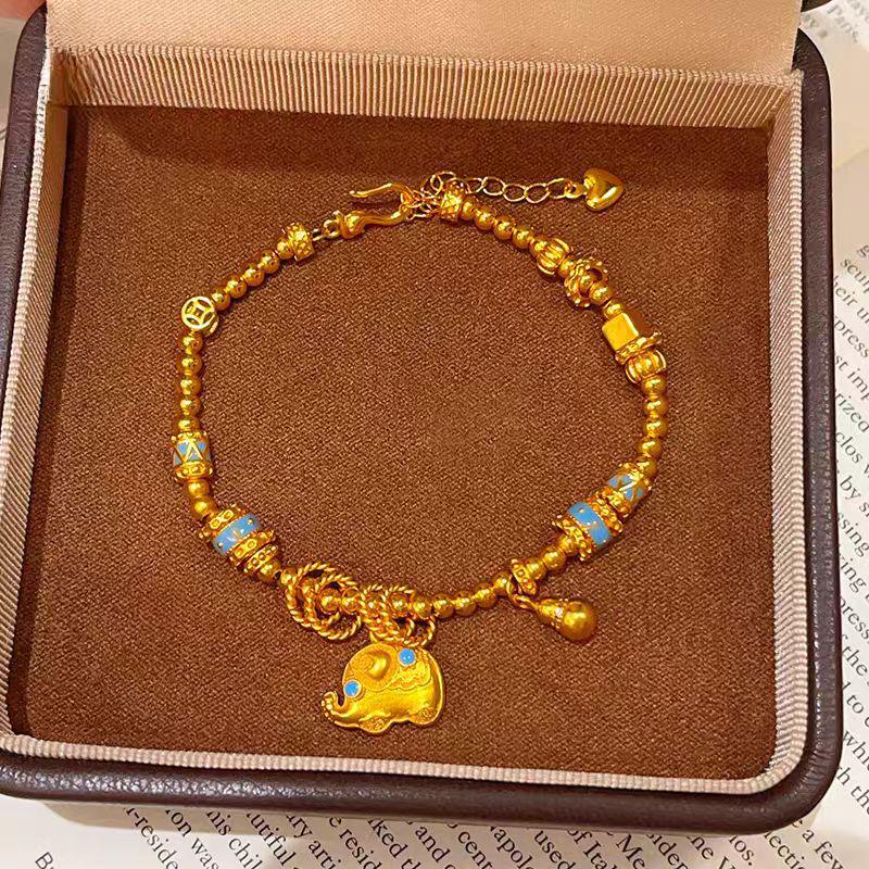 Синий Эмалированный Браслет со Слоном и Тыквой, с Бусинами и Песочным Золотом