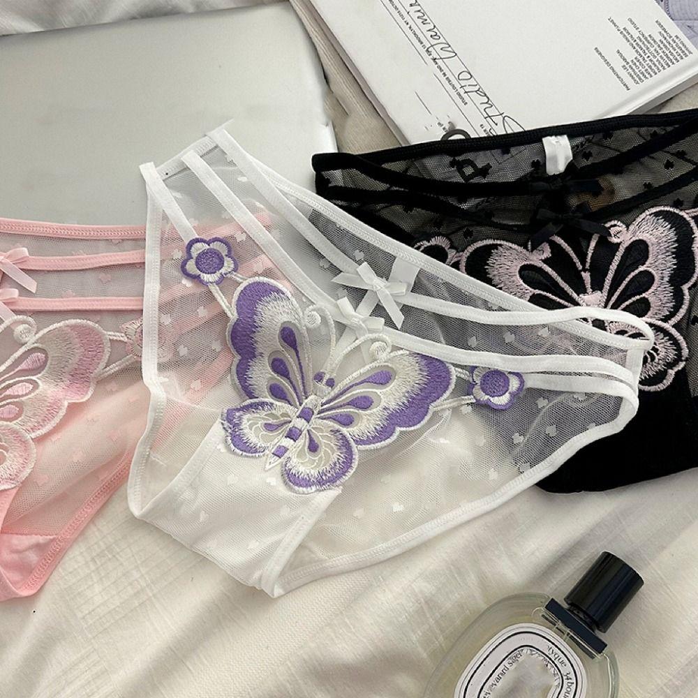 Cotton Crotch Butterfly Embroidery Bow Underpants Low-Waist Flower Mesh Slim Panties  Girls