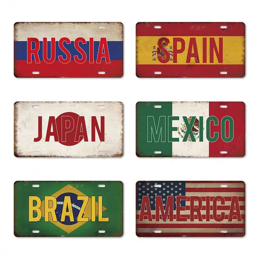 FJ Country National Flag Metal TinSigns Decor License Plate Plaque Metal Vintage Home Wall Decoration for Bar Pub Man Cave
