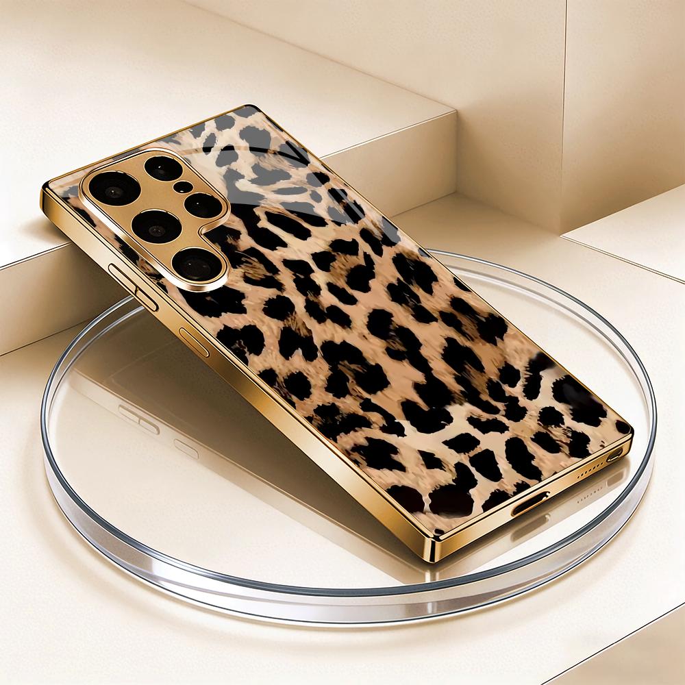 Leopard Print Splicing Electroplated Glass Phone Case Suitable for Samsung Galaxy S26 S25 S24 S22 S21 S20FE/Ultra/Plus Anti Drop