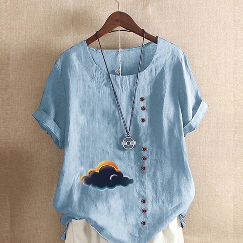 Women's Fashion Dark Clouds Prined Round Neck Short Sleeve T-shirt Casual Cotton Linen Graphic Shirt Leisure Loose Summer Blouse Tops