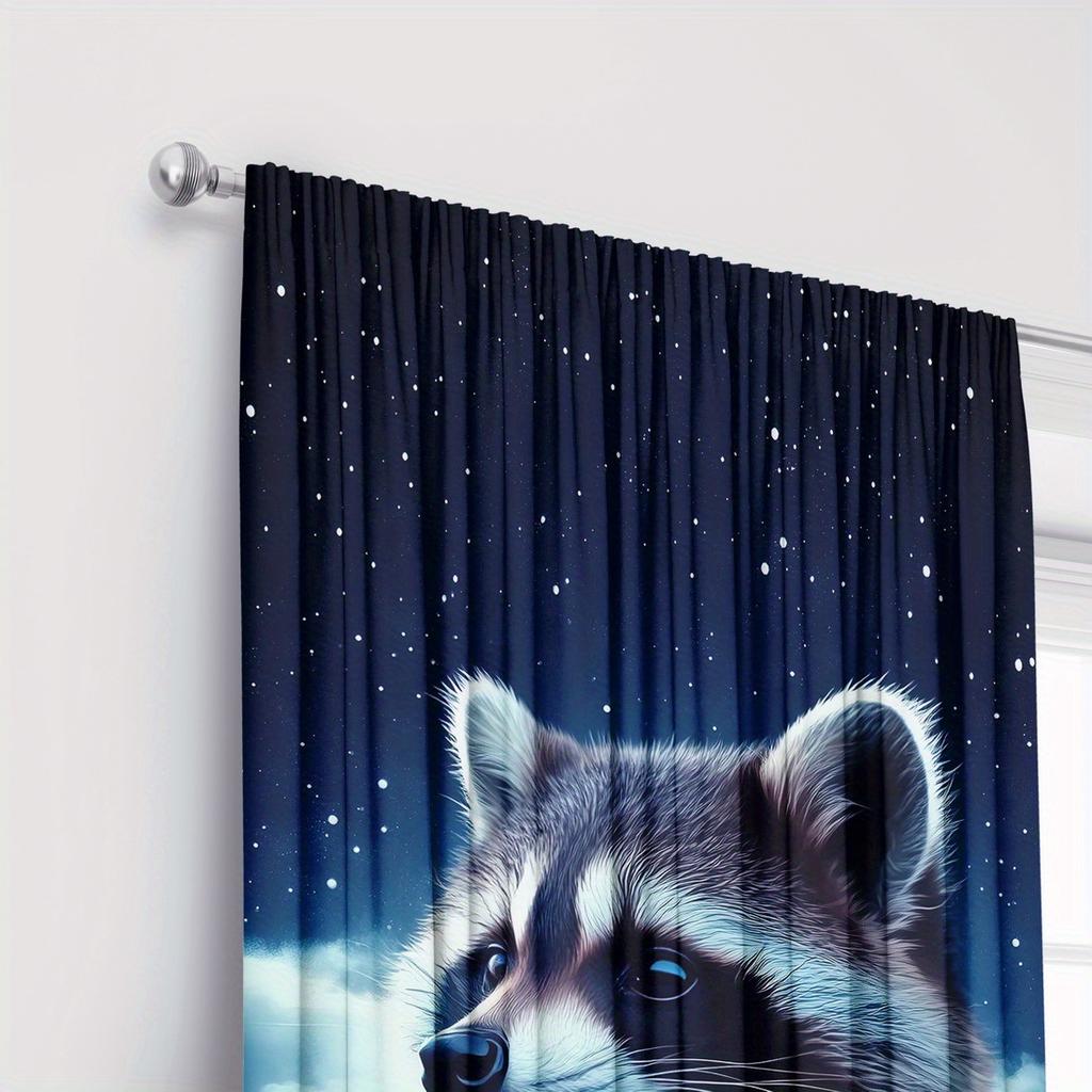 2pc Cute raccoon print curtains, polyester fabric, machine washable, suitable for bedroom and living room decoration