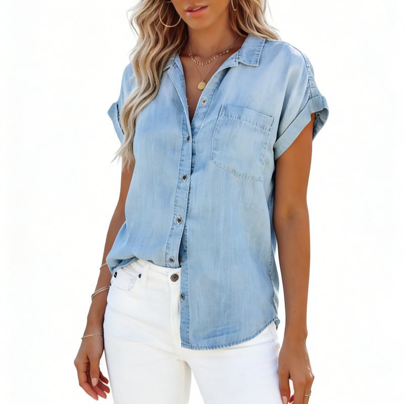 Camicia di Jeans da Donna con Collo a Revers Manica Corta Top Estivo Casual