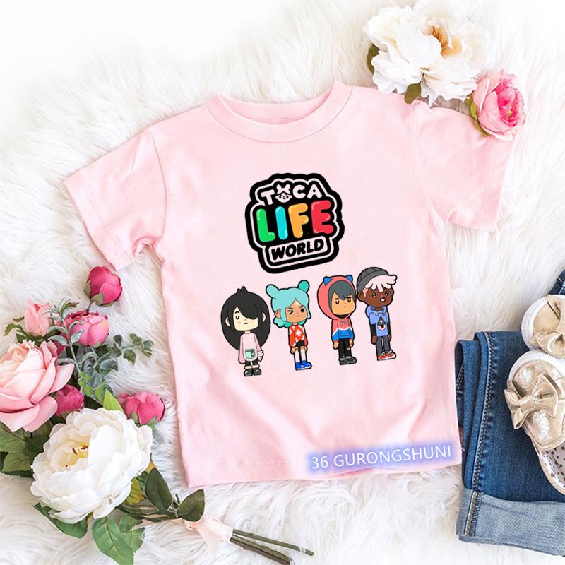 Magliette Kawaii per Bambini Divertenti Stampa Cartone Animato Mondo Toca Videogioco Maglietta per Bambini Piccoli Moda Estiva Magliette per Bambine Top Rosa