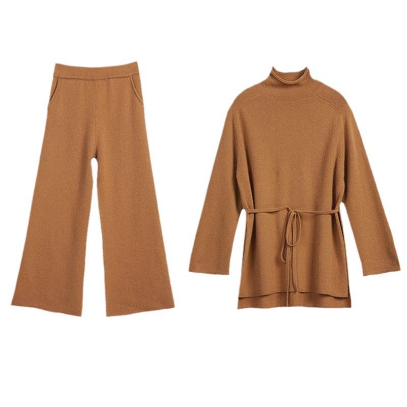 2024 Autumn/Winter Solid Color Knitted Sweater & Wide-Leg Pants Two-Piece Set with Lace-Up Top