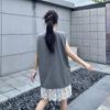 High Sense Grey Sleeveless Blazer Vest for Women Summer Lace Patchwork V Neck Tank Top Layered Outerwear Waistcoat