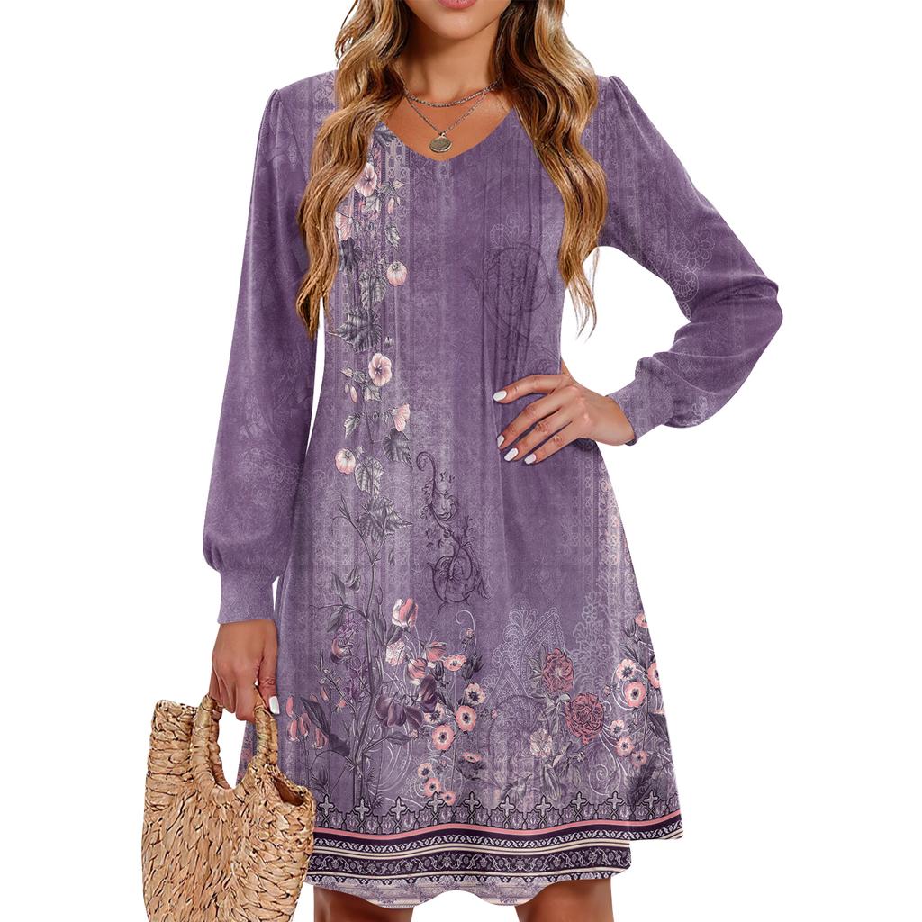 Ladies' Printed Casual And Fashionable V-neck Long Sleeved Mid Length Dress