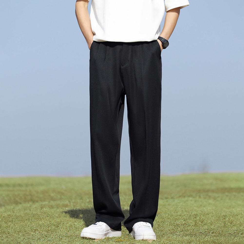 Men Suit Pants Straight Wide Leg Loose Mid Waist Pockets Deeep Crotch Button Zipper Closure Loose Formal Business Style Office W