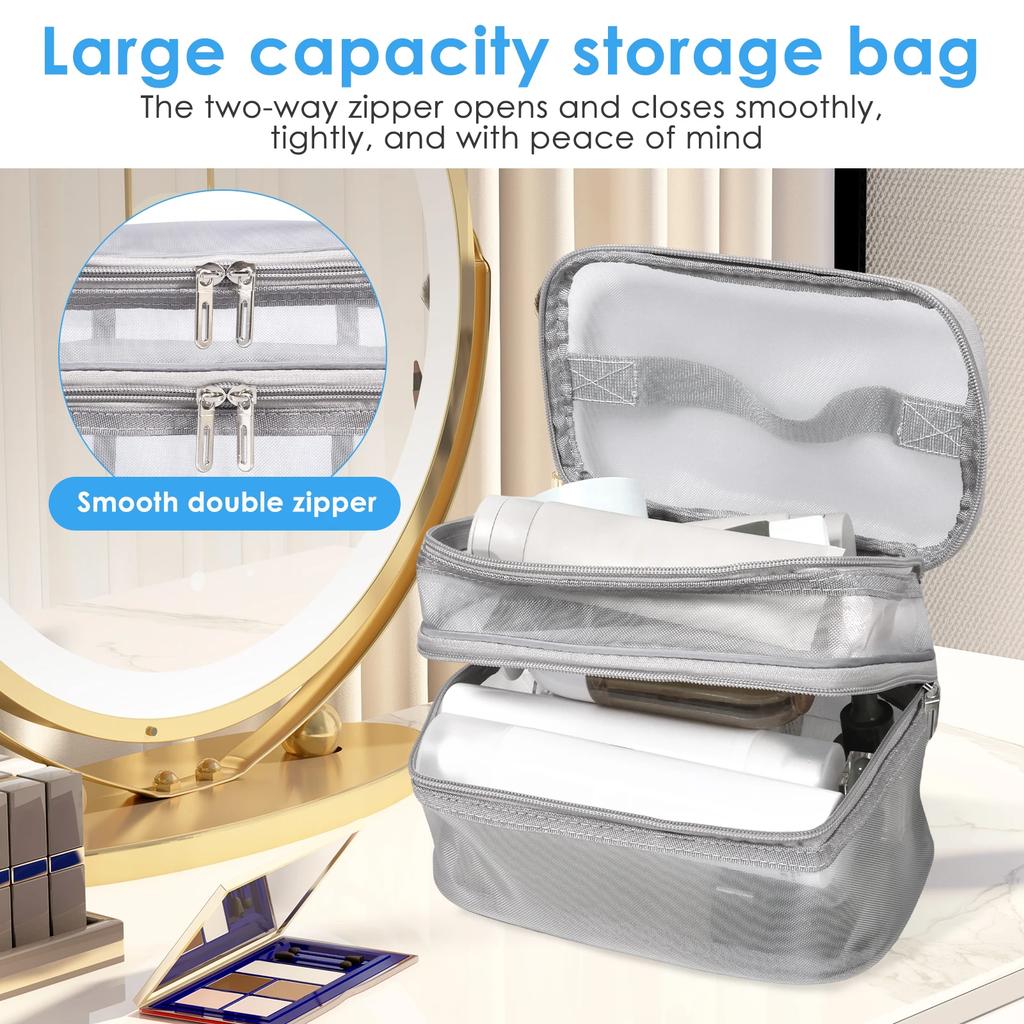 Large Capacity Mesh Cosmetic Bag Double Layer Transparent Travel Toiletry Bag with Handle Portable Makeup Organiser for Women