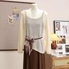 Spring Summer Women's Hollow-Out Knit Sweater Slim-Fit Long-Sleeve Knit Pullover Top with Belt