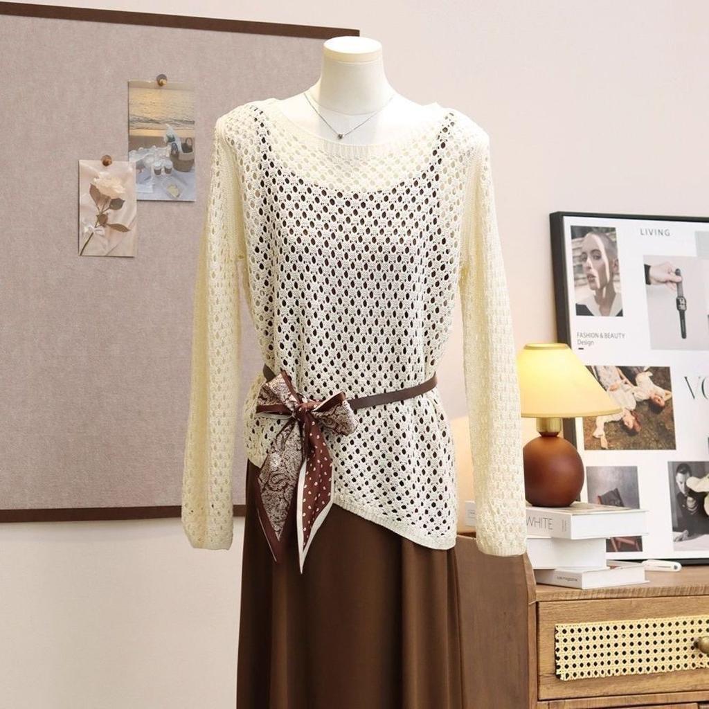 Spring Summer Women's Hollow-Out Knit Sweater Slim-Fit Long-Sleeve Knit Pullover Top with Belt