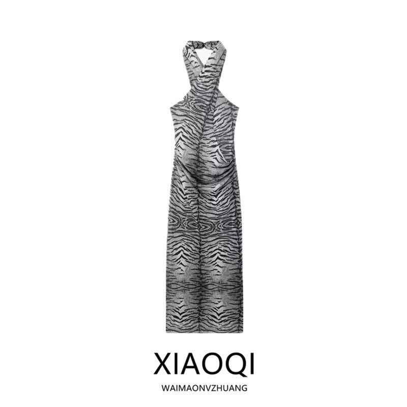 Fashion Style 2024 Autumn New Women's Clothing Animal Pattern Cross Hanging Collar Backless Dress 8754497